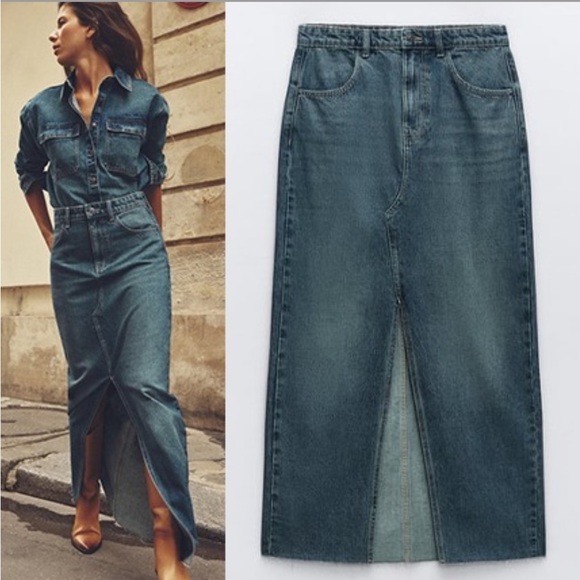 Zara set Long front Slit Denim High waist Skirt & Jacket Indigo Dark Blue S NWT - Picture 5 of 16